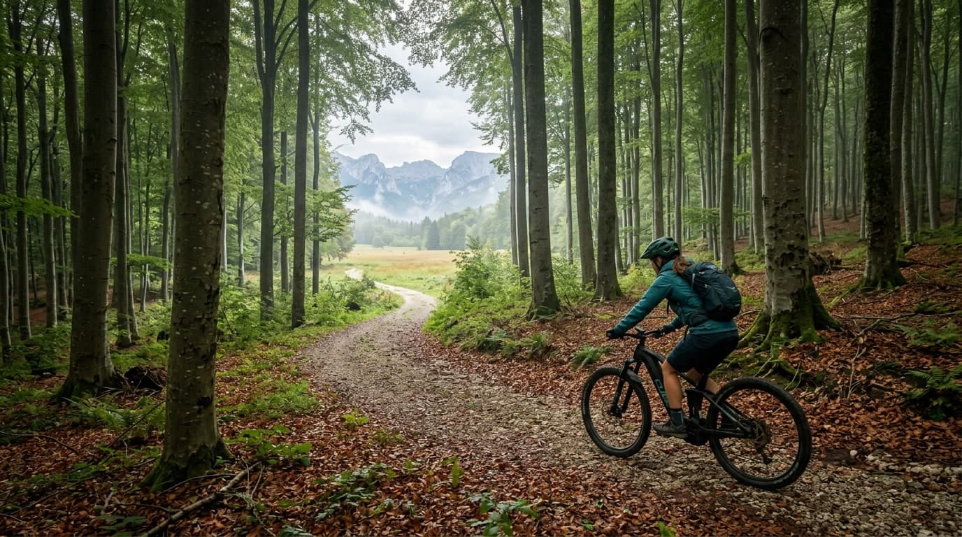Ciclisti vicino alla sorgente turchese del Gorgazzo e alle colline della pedemontana